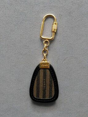 Fendi Vintage Pequin Striped Canvas Black Leather Trim Screw Open Keychain
